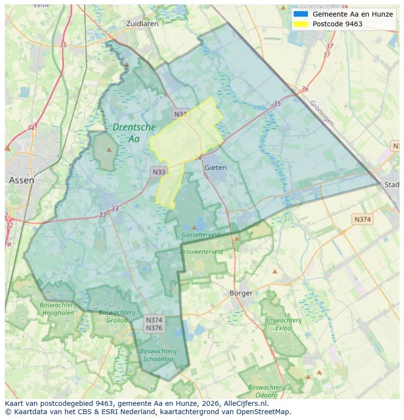 Postcodekaart voor 9463