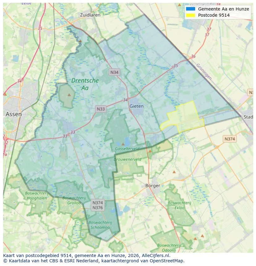 Postcodekaart voor 9514