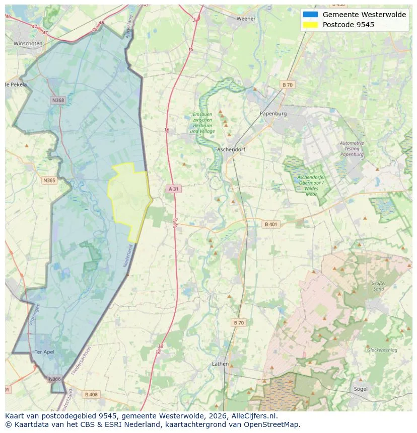 Postcodekaart voor 9545