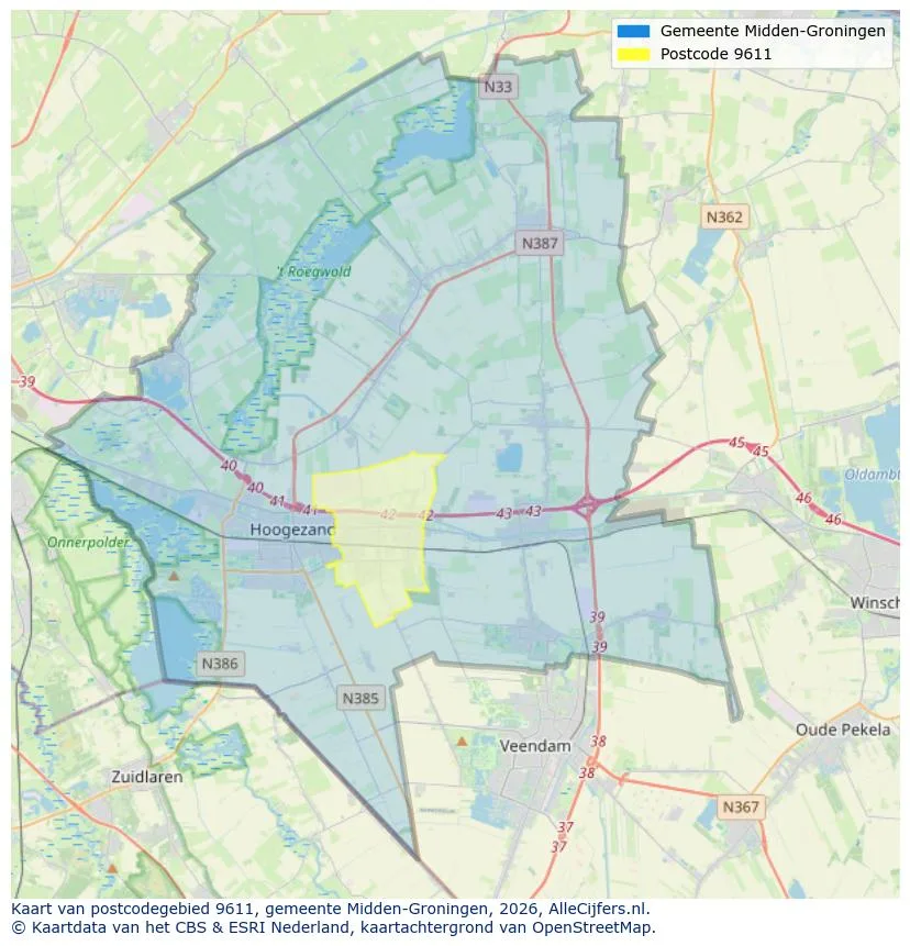 Postcodekaart voor 9611