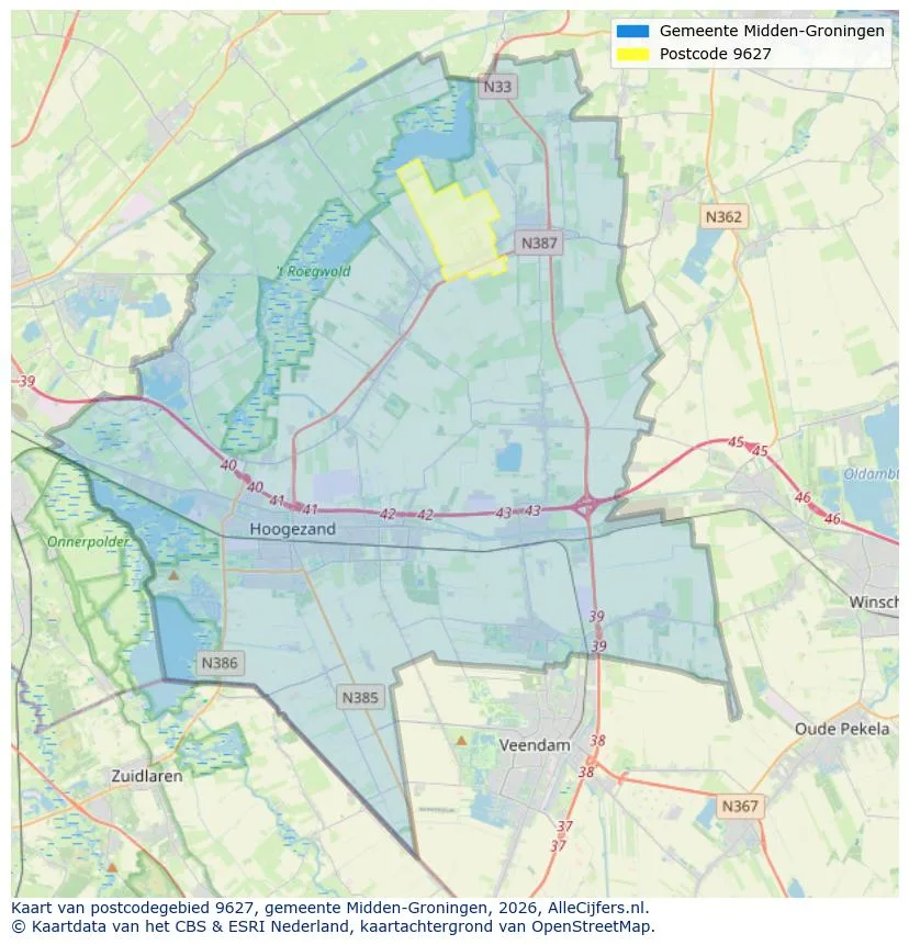 Postcodekaart voor 9627