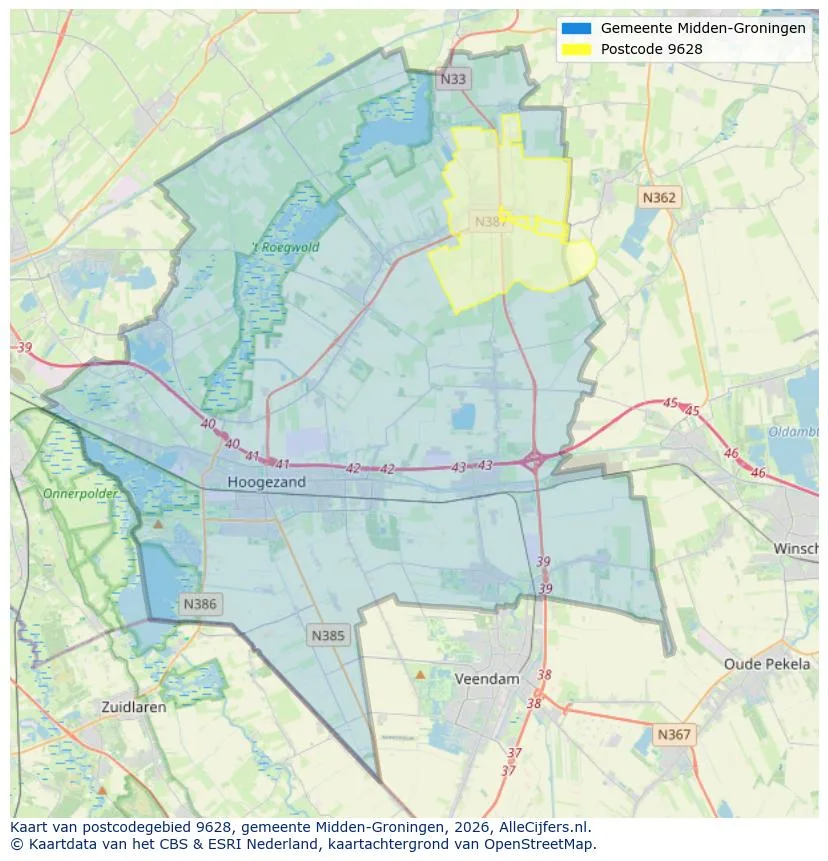 Postcodekaart voor 9628