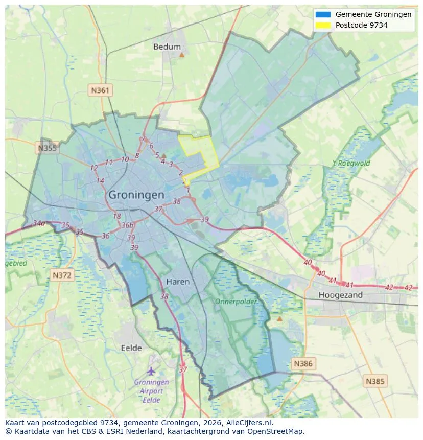Postcodekaart voor 9734