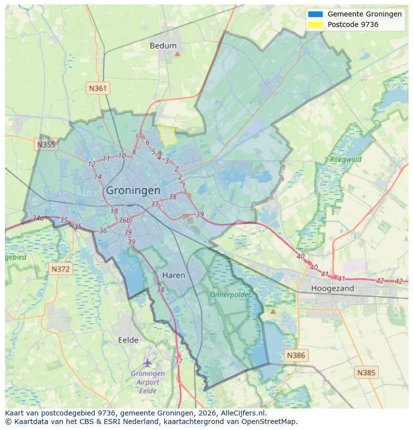 Postcodekaart voor 9736