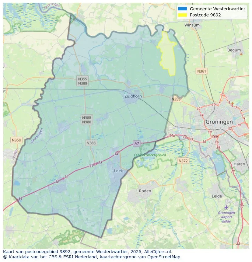 Postcodekaart voor 9892