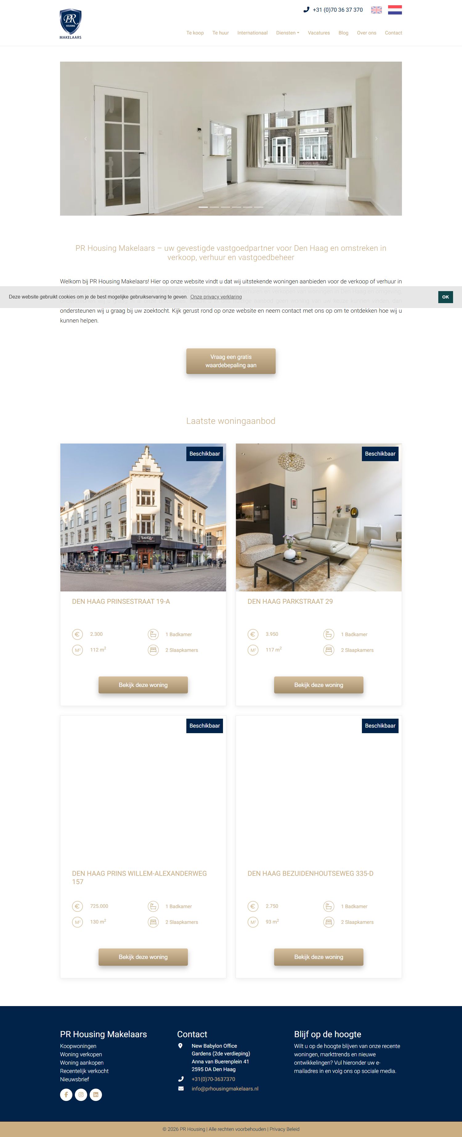 Screenshot van de website van www.prhousing.nl