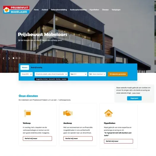 Screenshot of the website of www.prijsbewustmakelaars.nl