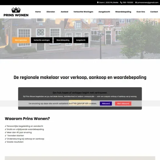 Screenshot van de website van prinswonen.nl