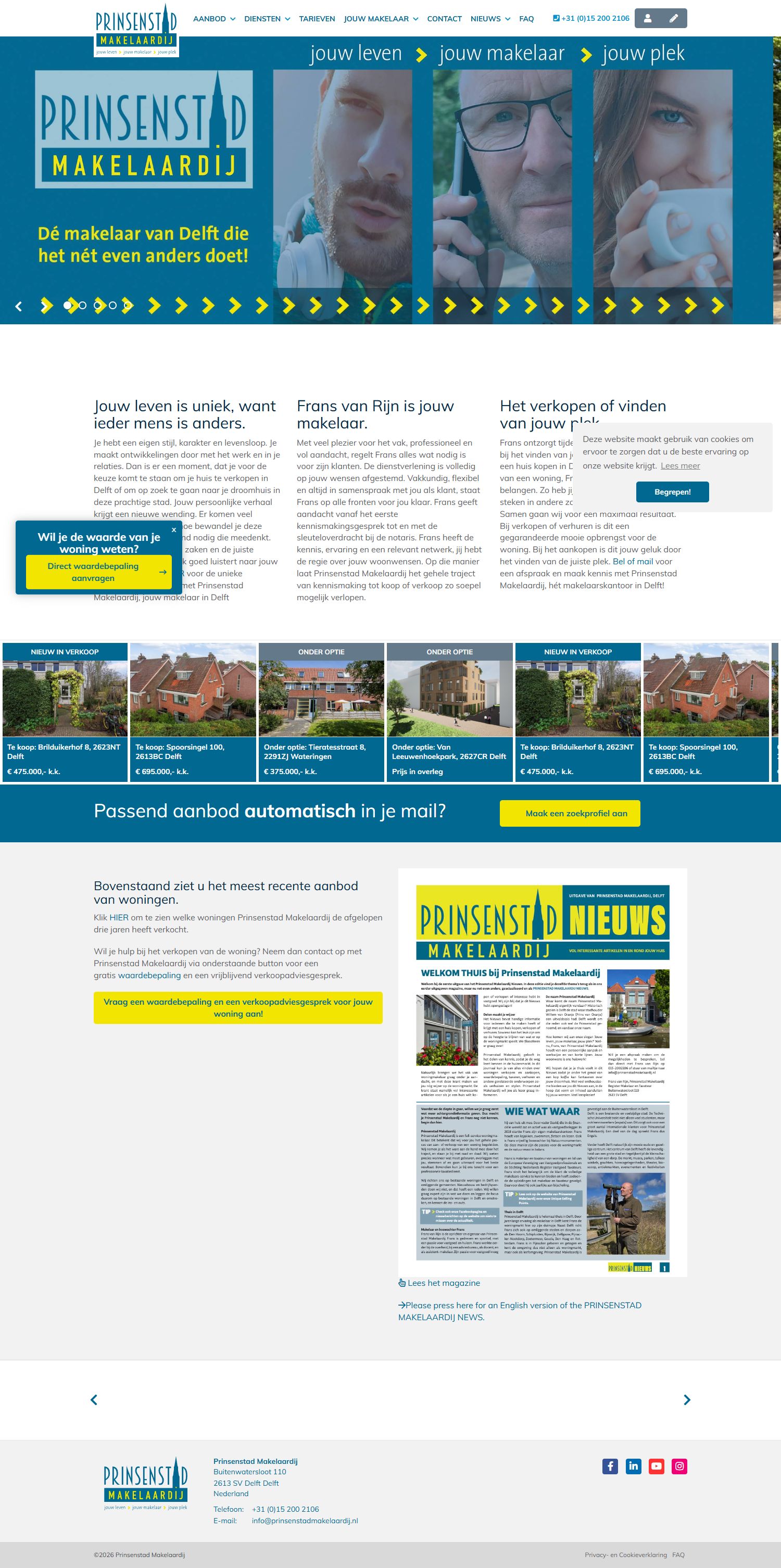 Screenshot van de website van www.prinsenstadmakelaardij.nl