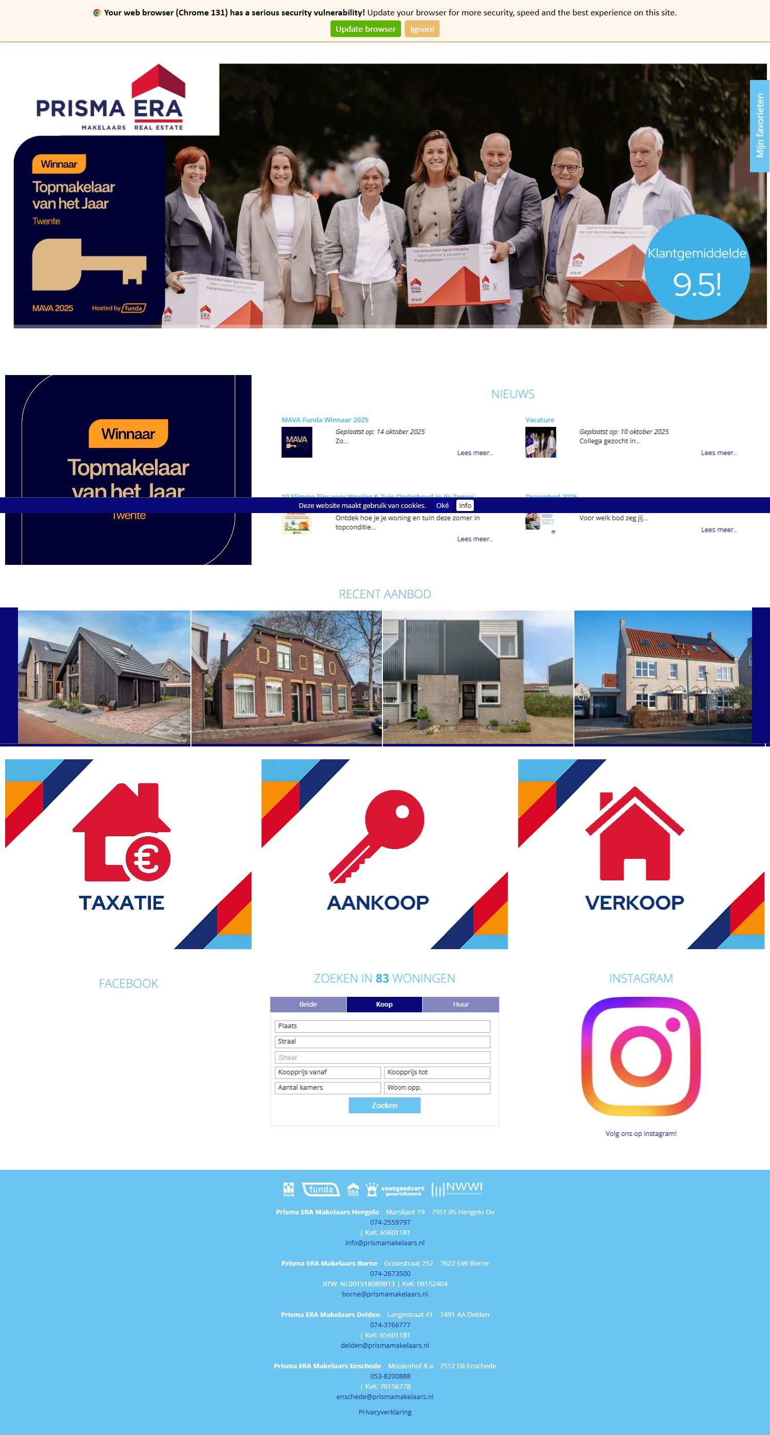 Screenshot van de website van www.prismamakelaars.nl