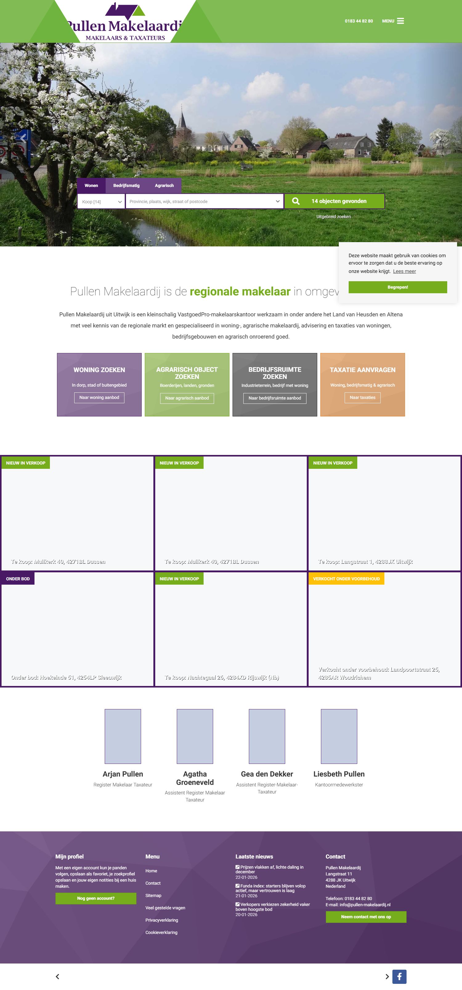Screenshot van de website van www.pullen-makelaardij.nl