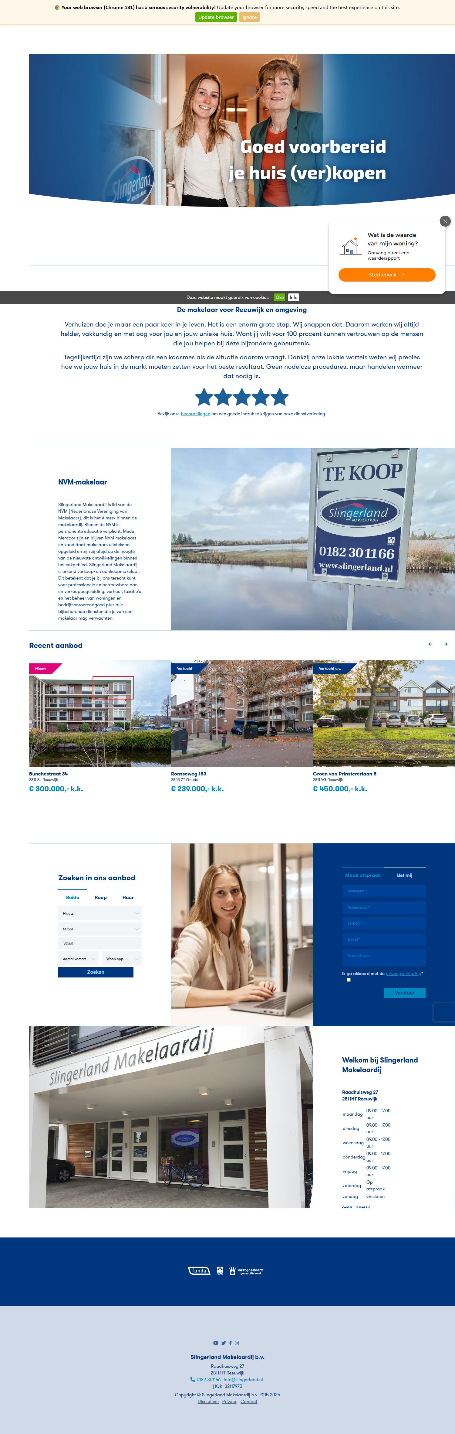 Screenshot van de website van www.slingerland.nl