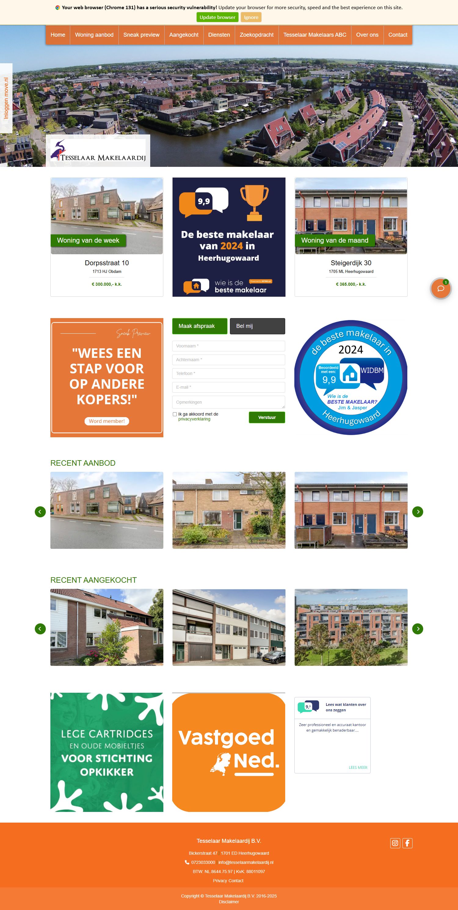 Screenshot van de website van www.tesselaarmakelaardij.nl