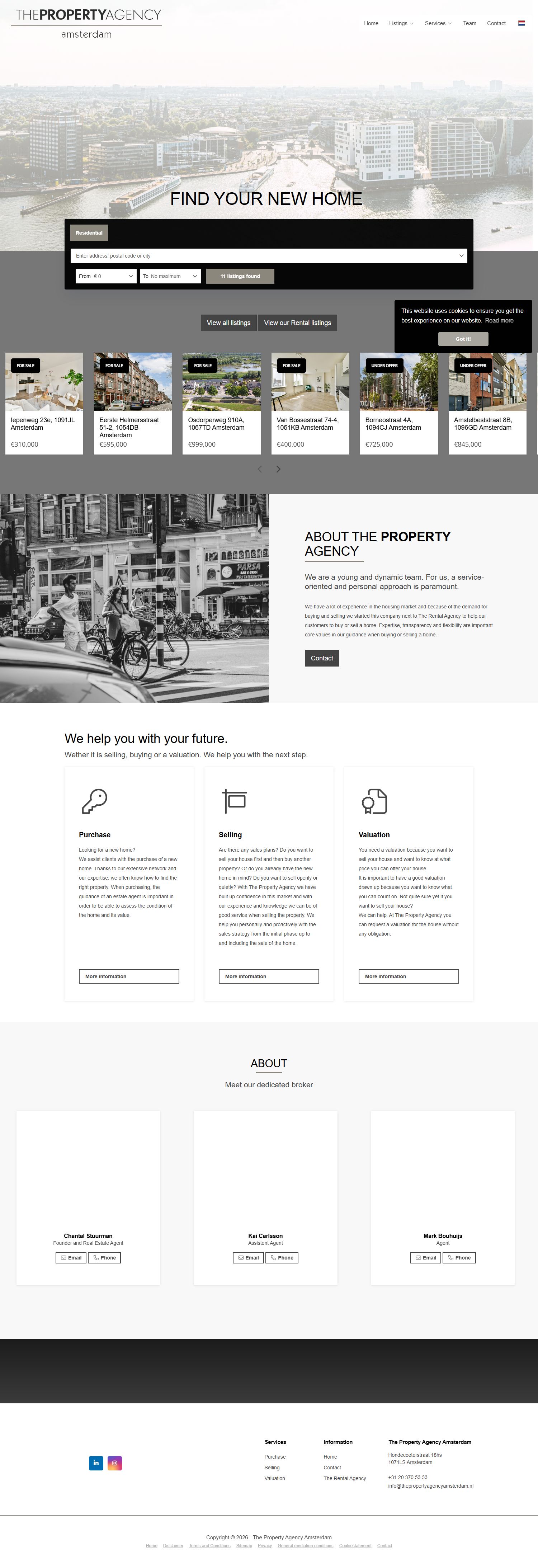 Screenshot van de website van www.thepropertyagencyamsterdam.nl