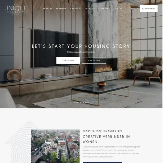Screenshot van de website van www.uniquerealestateamsterdam.nl