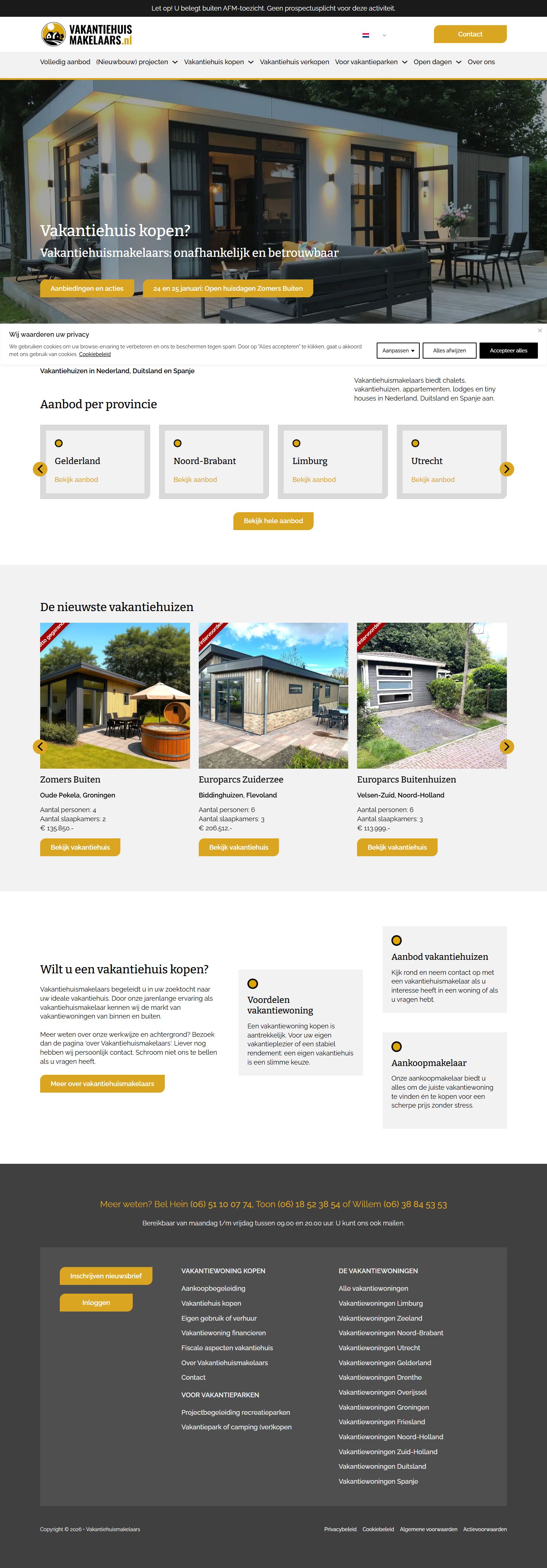 Screenshot van de website van vakantiehuismakelaars.nl
