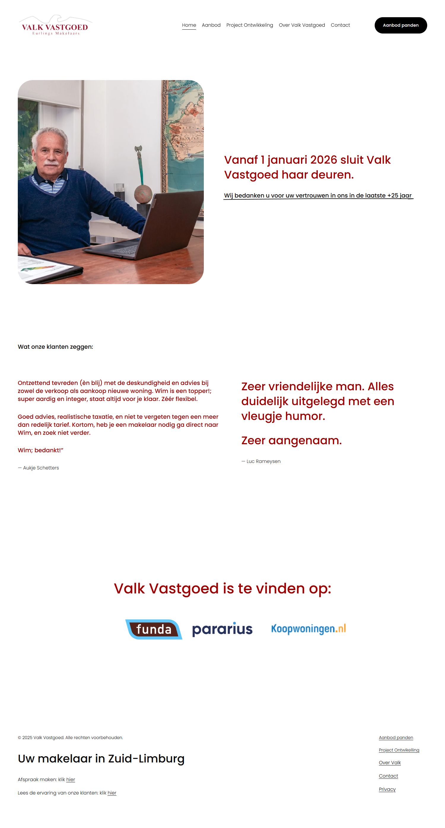 Screenshot van de website van valkvastgoed.nl