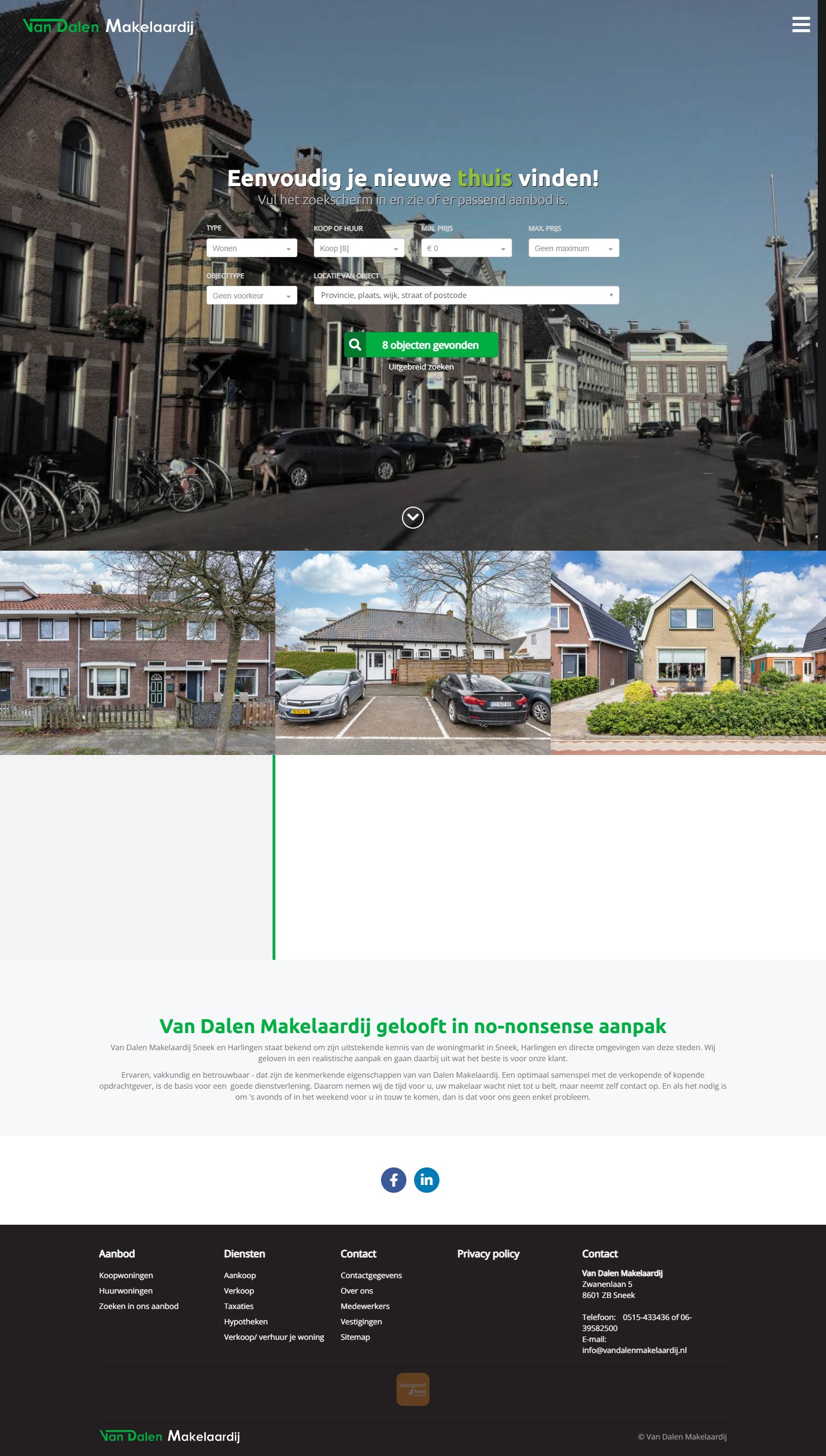 Screenshot van de website van www.vandalenmakelaardij.nl