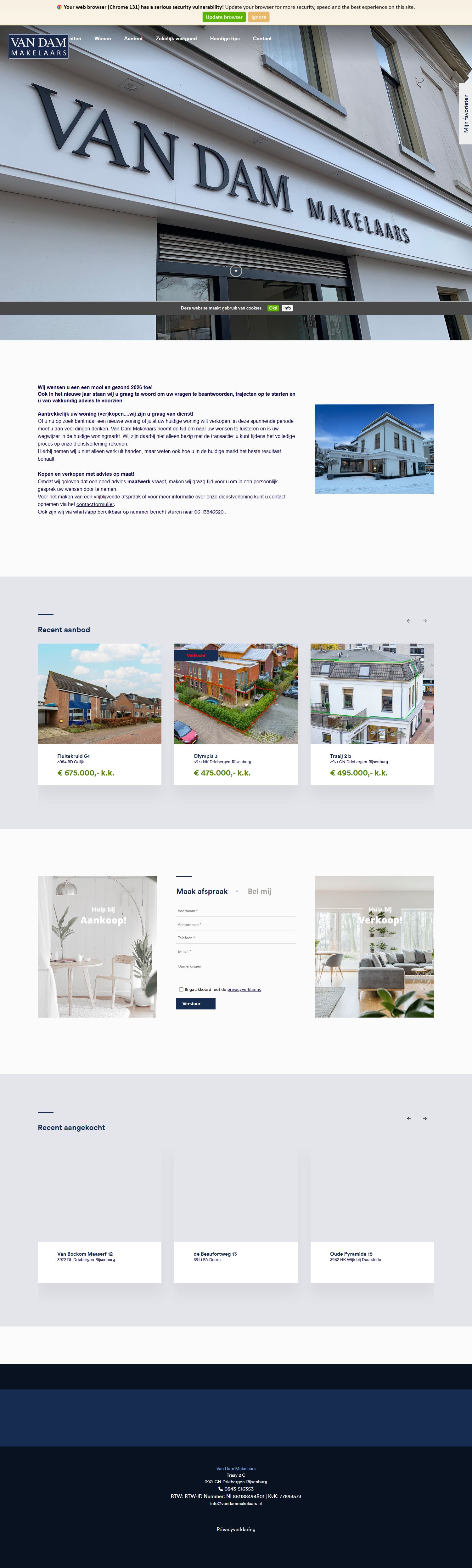 Screenshot van de website van www.vandammakelaars.nl