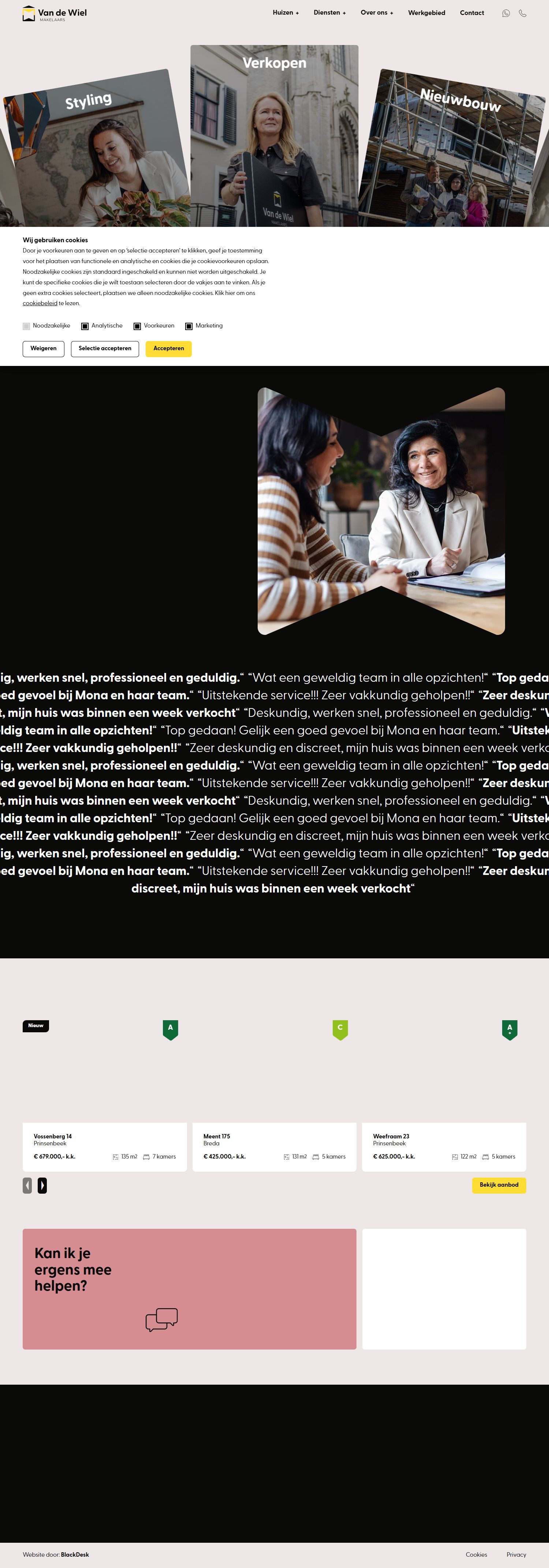 Screenshot van de website van www.vandewielmakelaars.nl