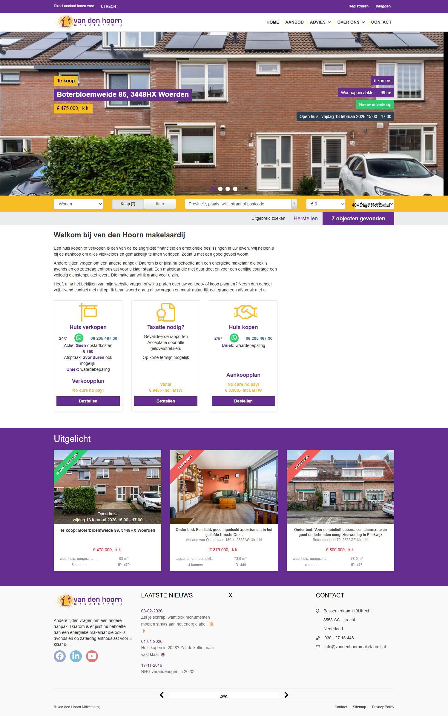 Screenshot van de website van www.vandenhoornmakelaardij.nl