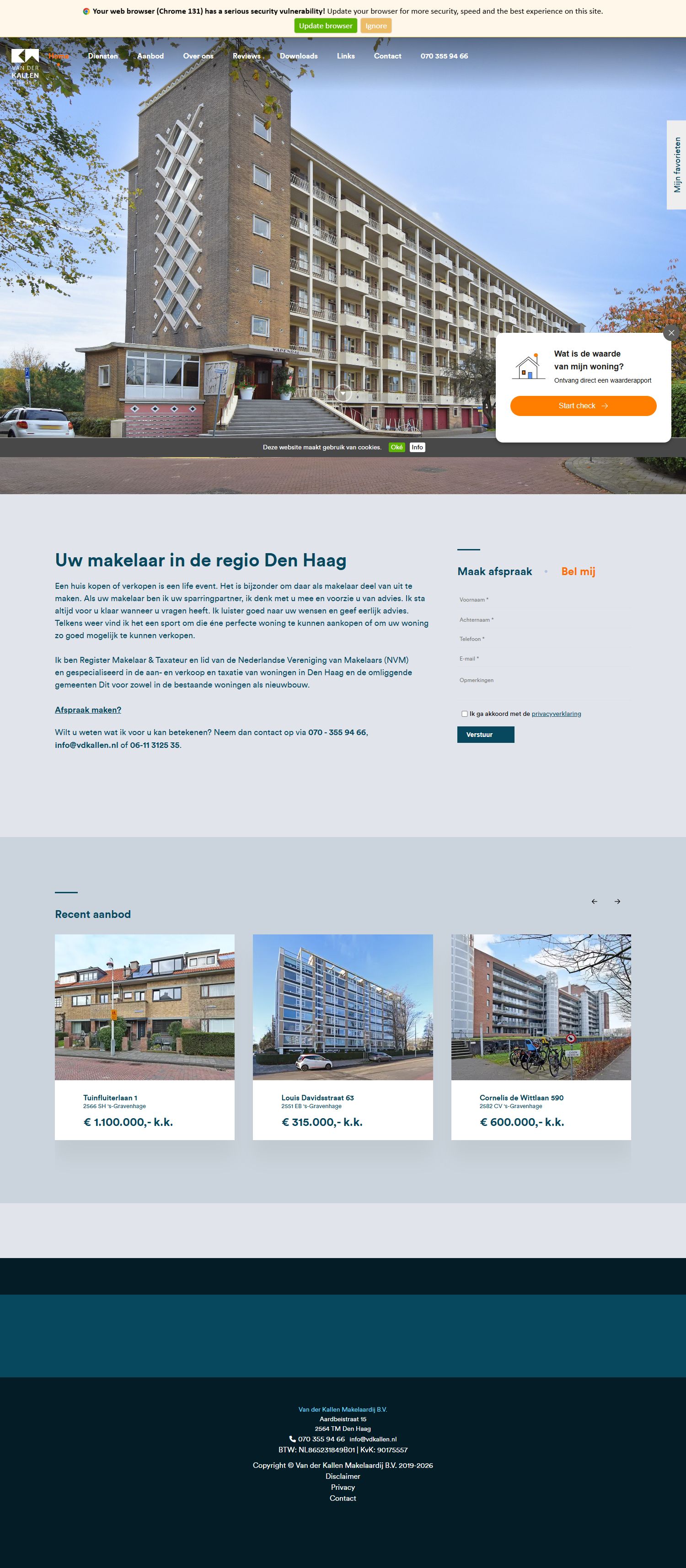 Screenshot van de website van www.vdkallen.nl