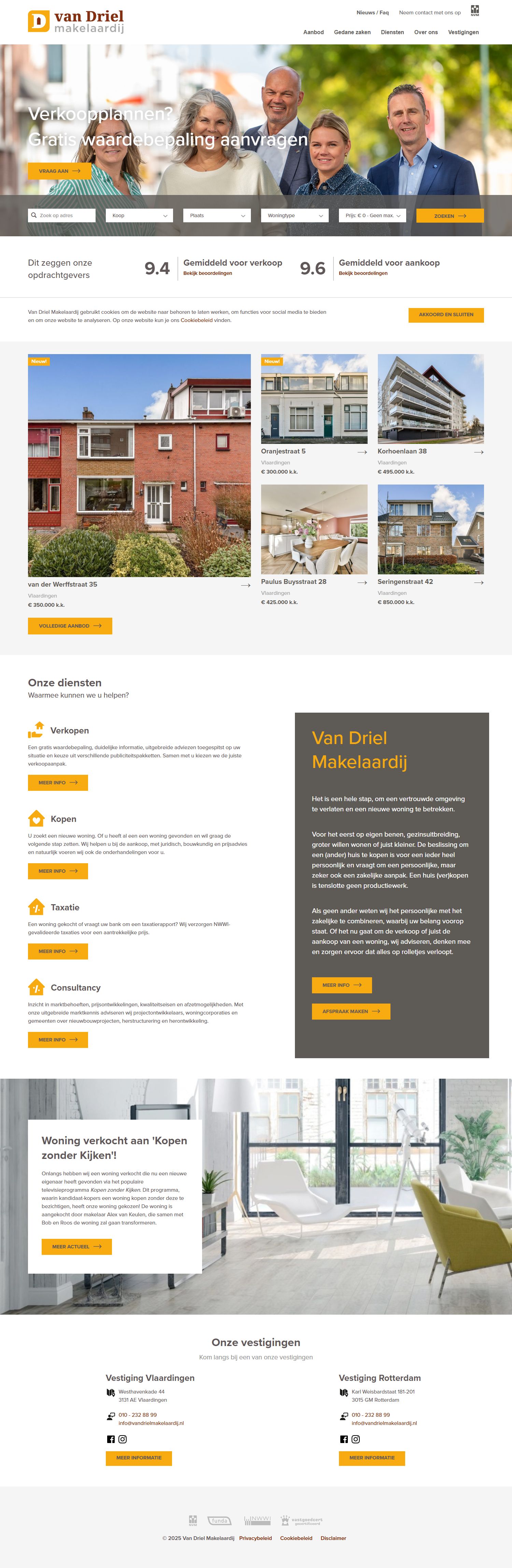 Screenshot van de website van www.vandrielmakelaardij.nl