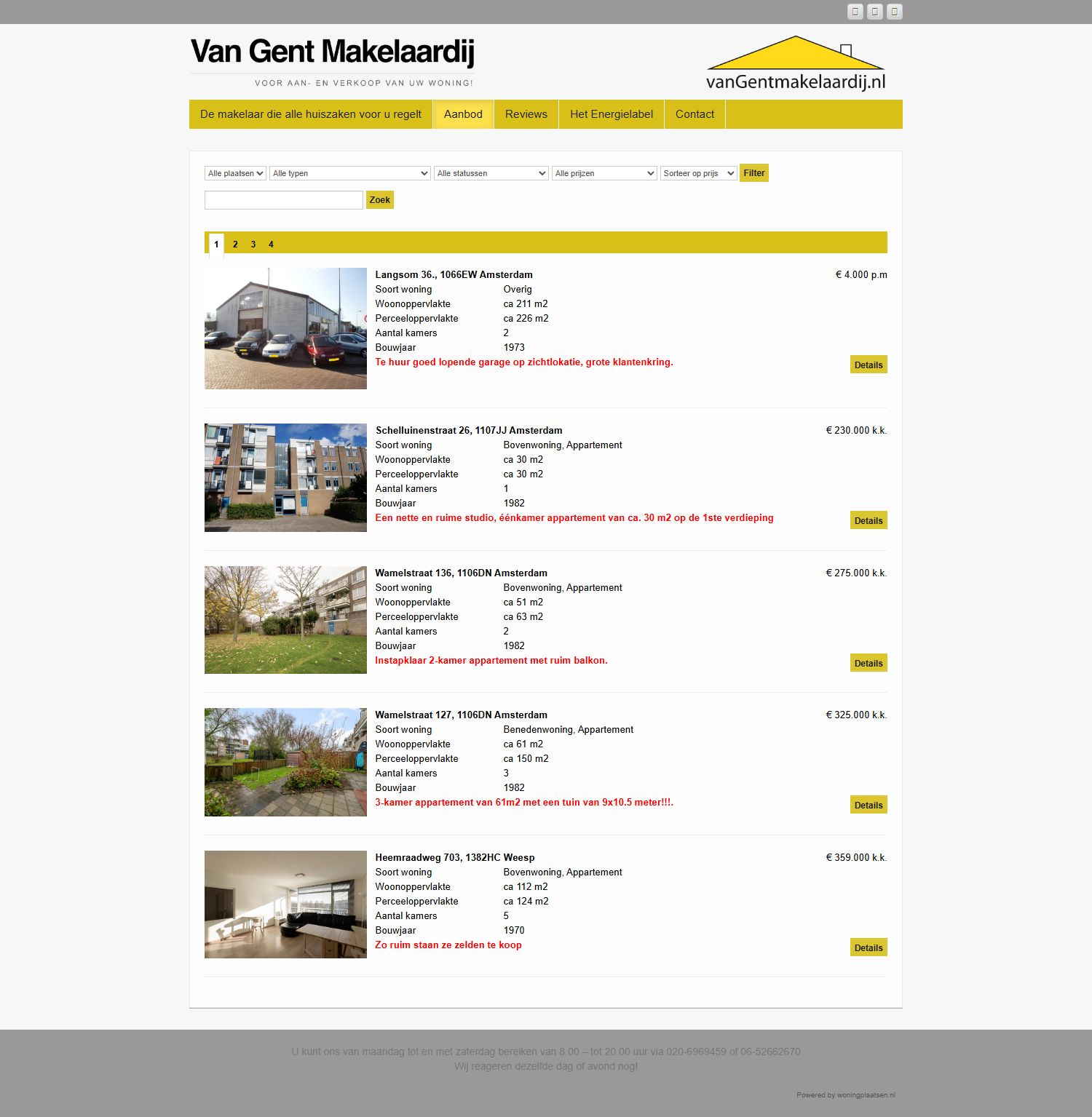 Screenshot van de website van www.vangentmakelaardij.com