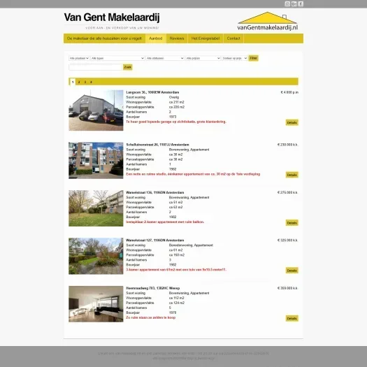 Screenshot of the website of www.vangentmakelaardij.com