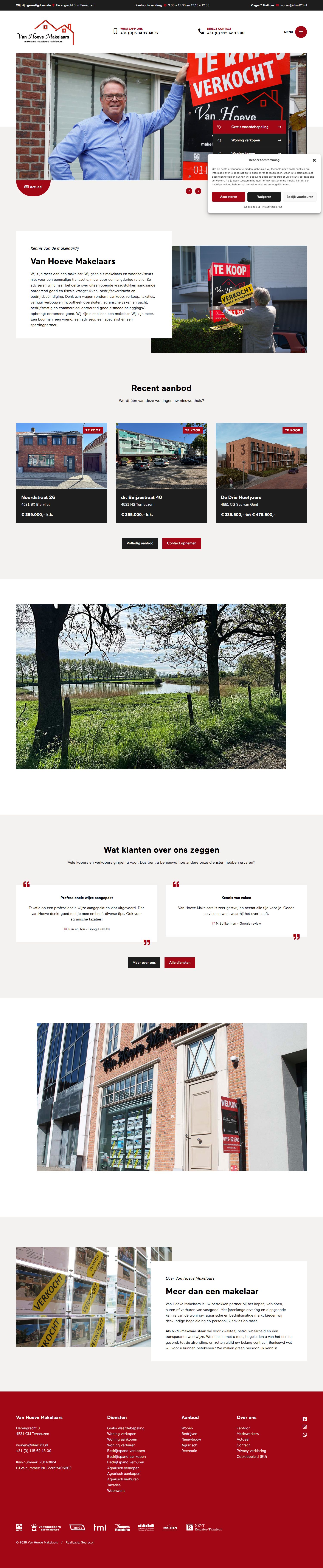 Screenshot van de website van www.vanhoevemakelaars.nl