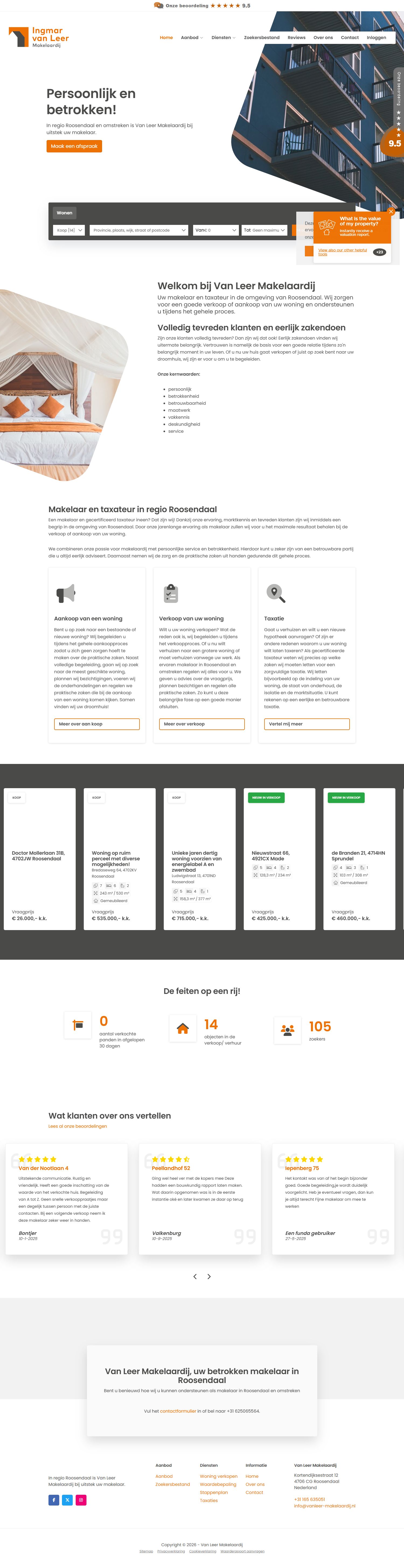 Screenshot van de website van www.vanleer-makelaardij.nl