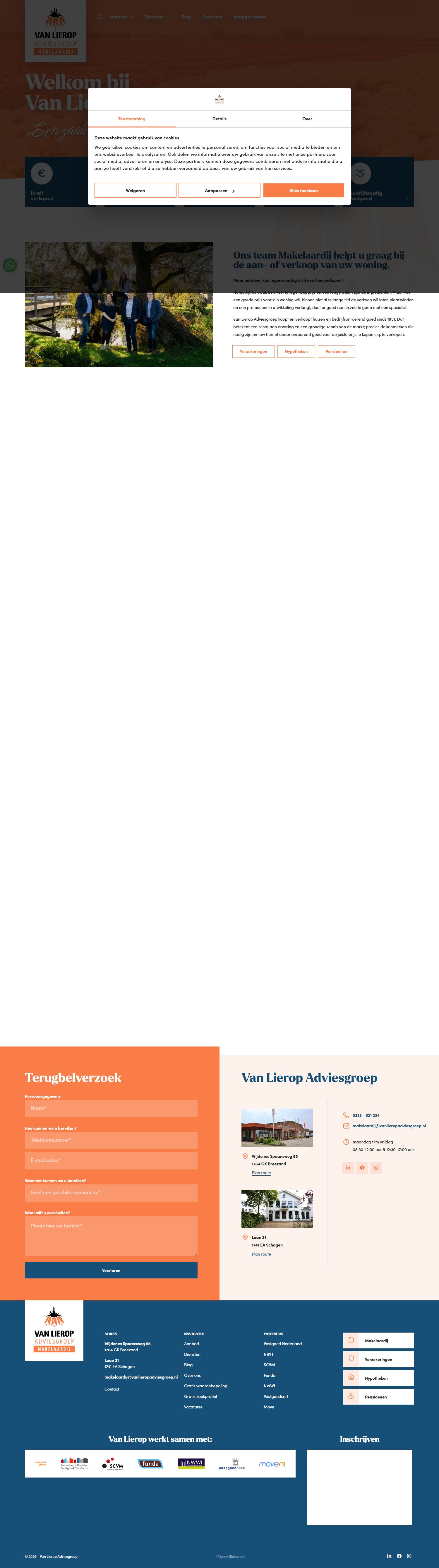 Screenshot van de website van makelaardij.vanlieropadviesgroep.nl
