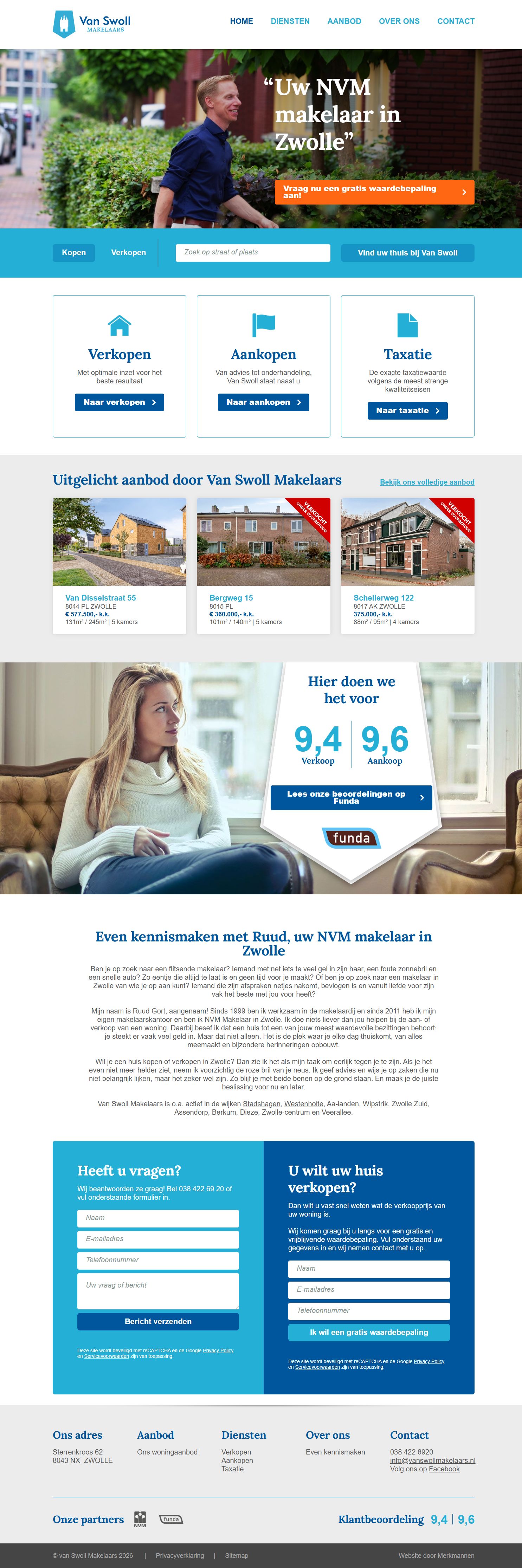 Screenshot van de website van www.vanswollmakelaars.nl