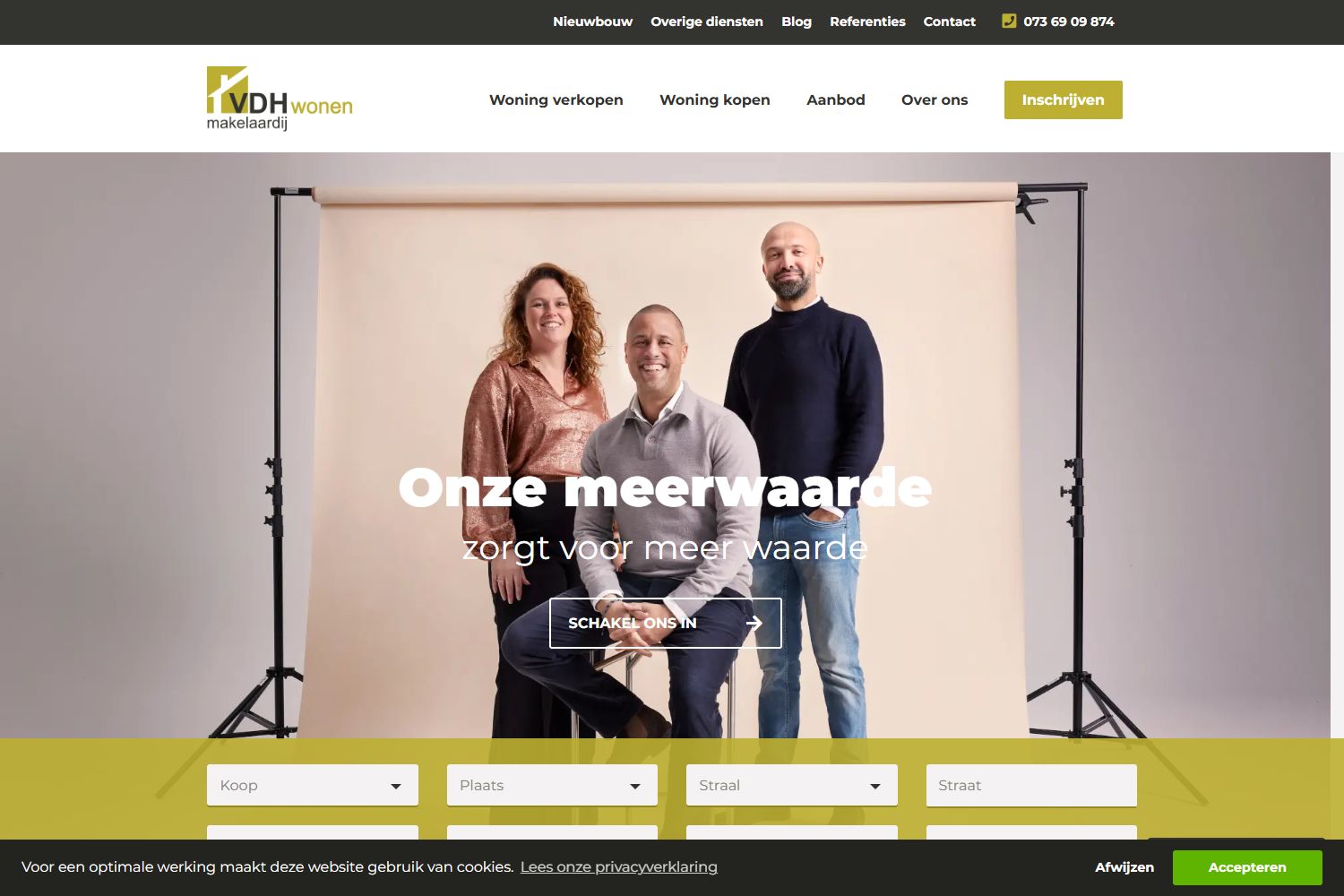 Screenshot van de website van www.vdhwonen.nl