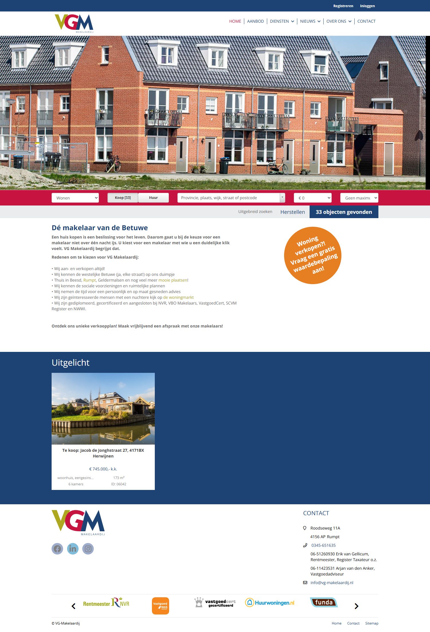 Screenshot van de website van www.vg-makelaardij.nl
