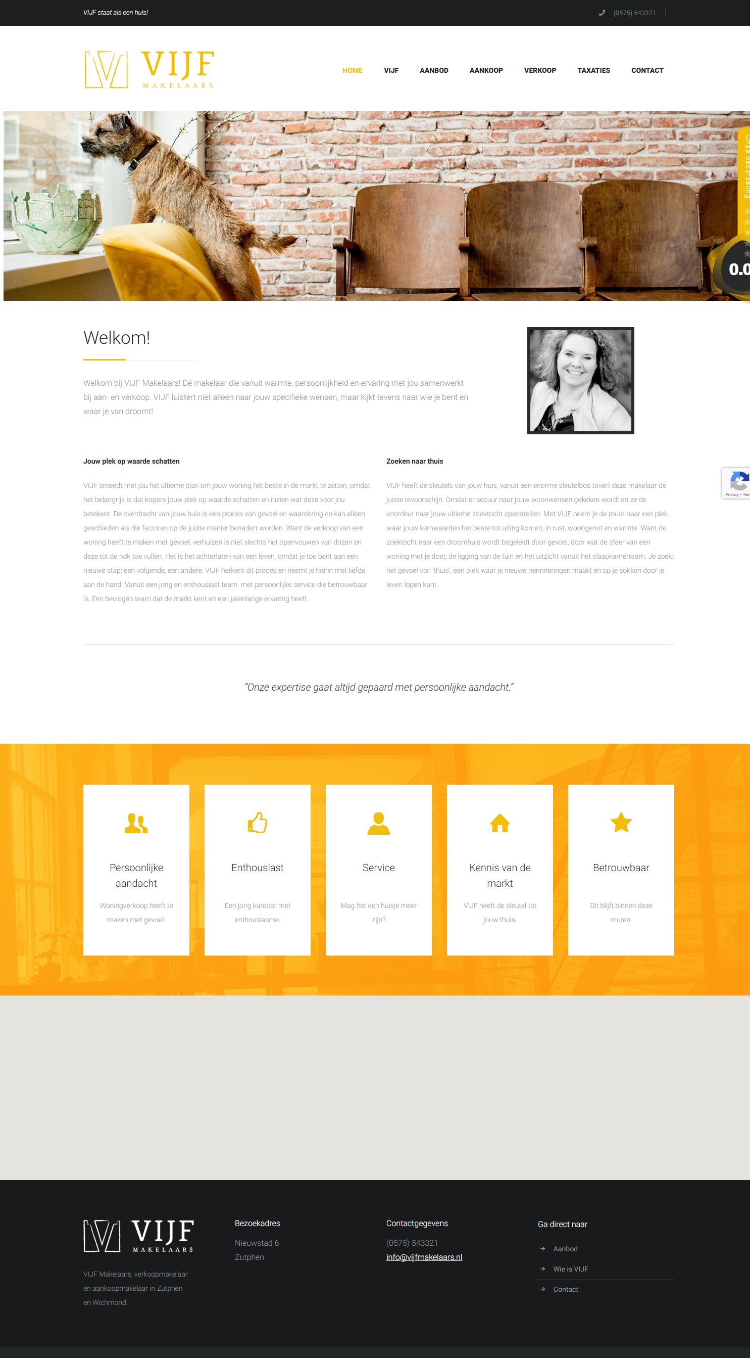 Screenshot van de website van www.vijfmakelaars.nl