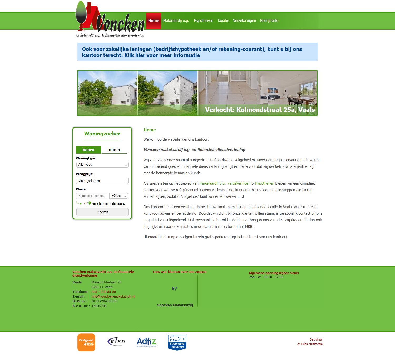 Screenshot van de website van www.voncken-makelaardij.nl