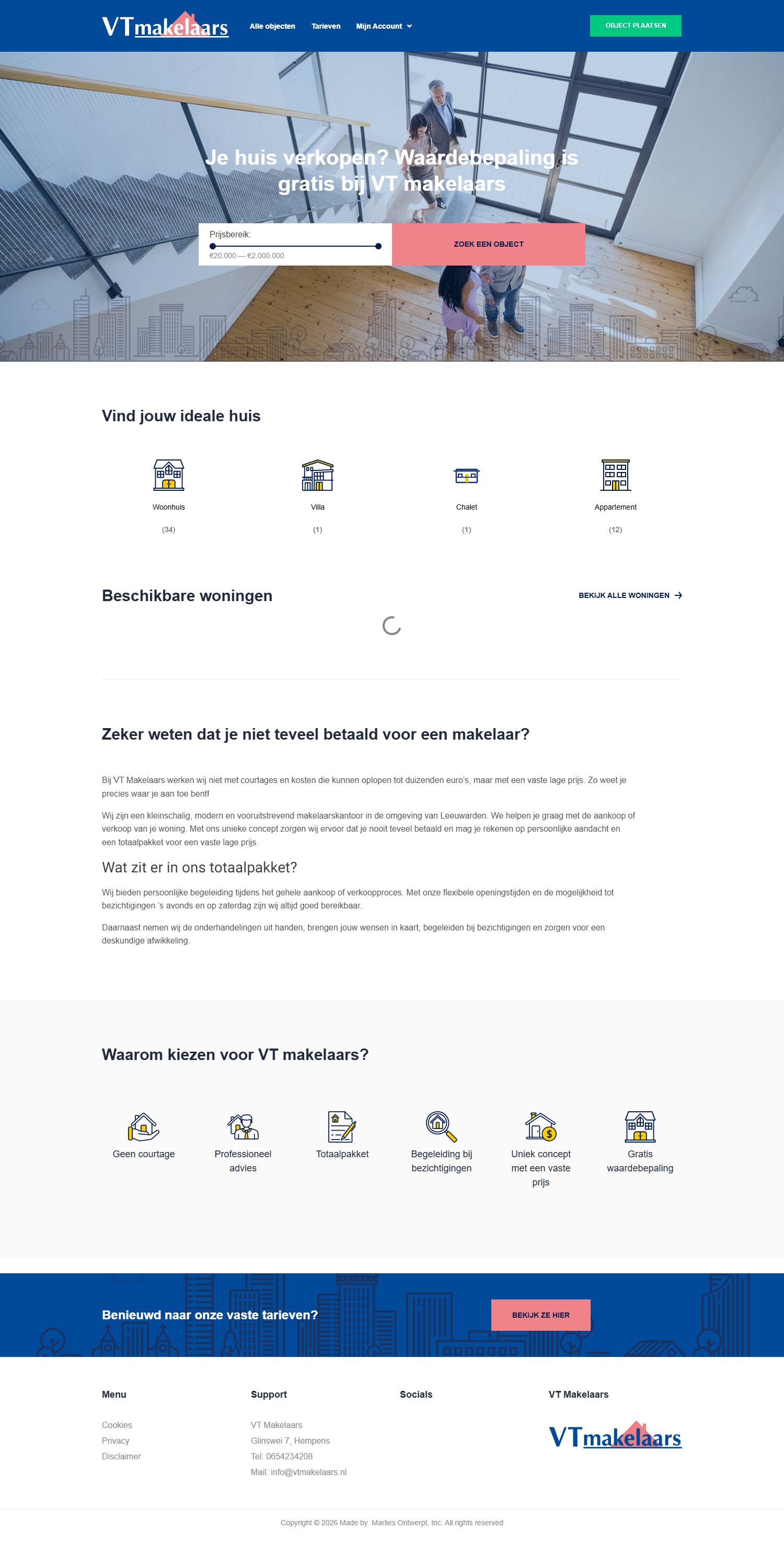 Screenshot van de website van www.vtmakelaars.nl
