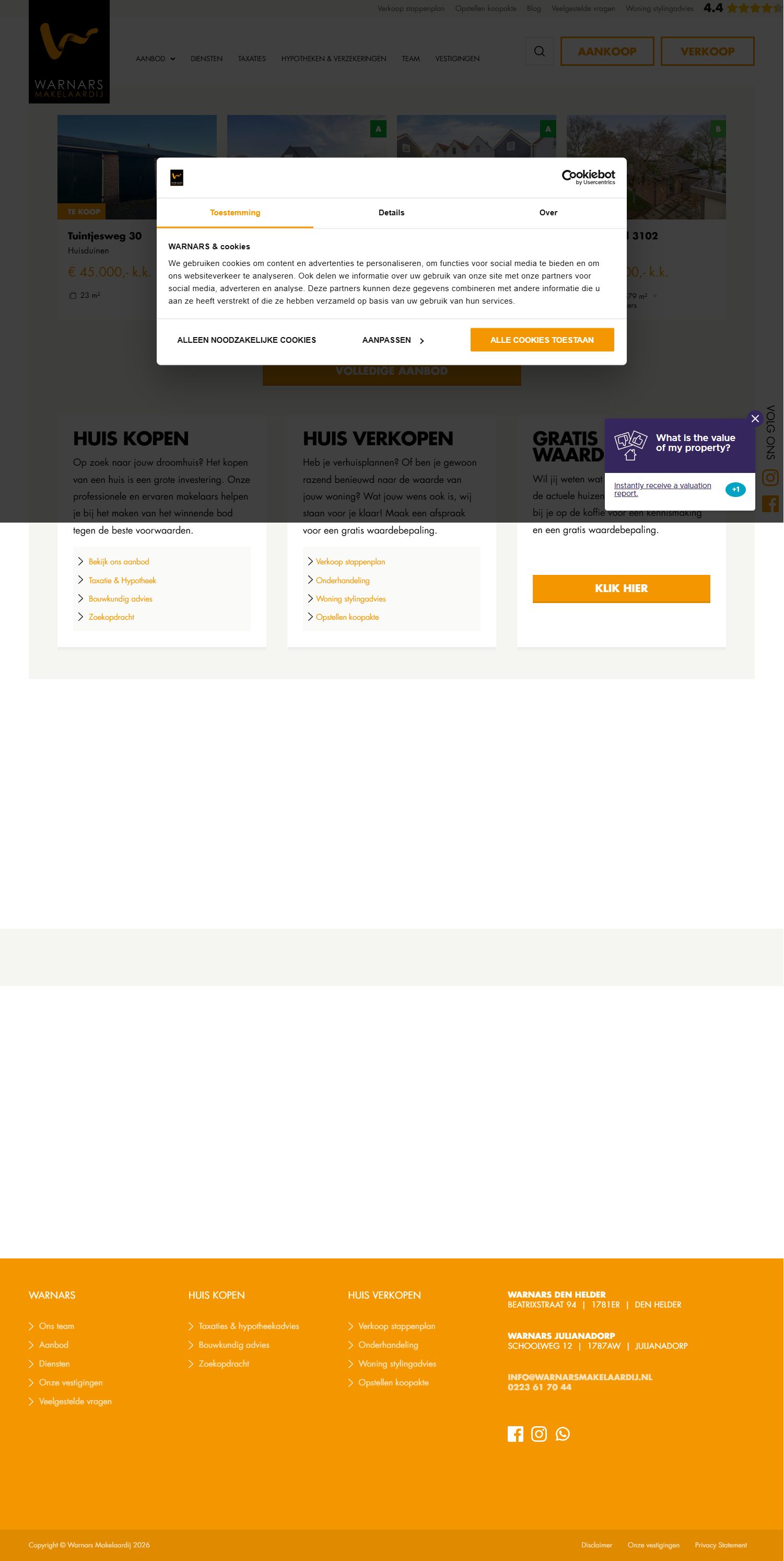Screenshot van de website van www.warnarsmakelaardij.nl