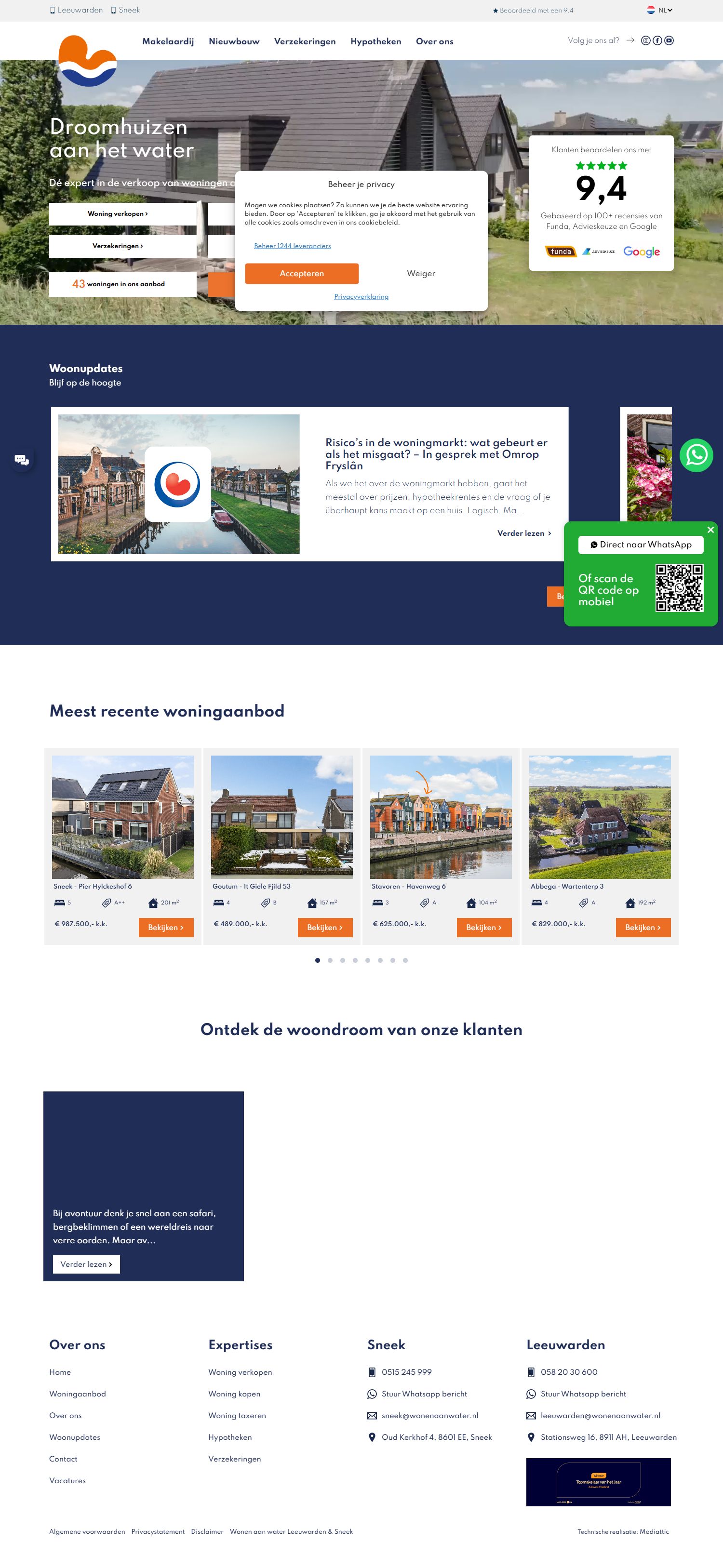 Screenshot van de website van www.wonenaanwater.nl