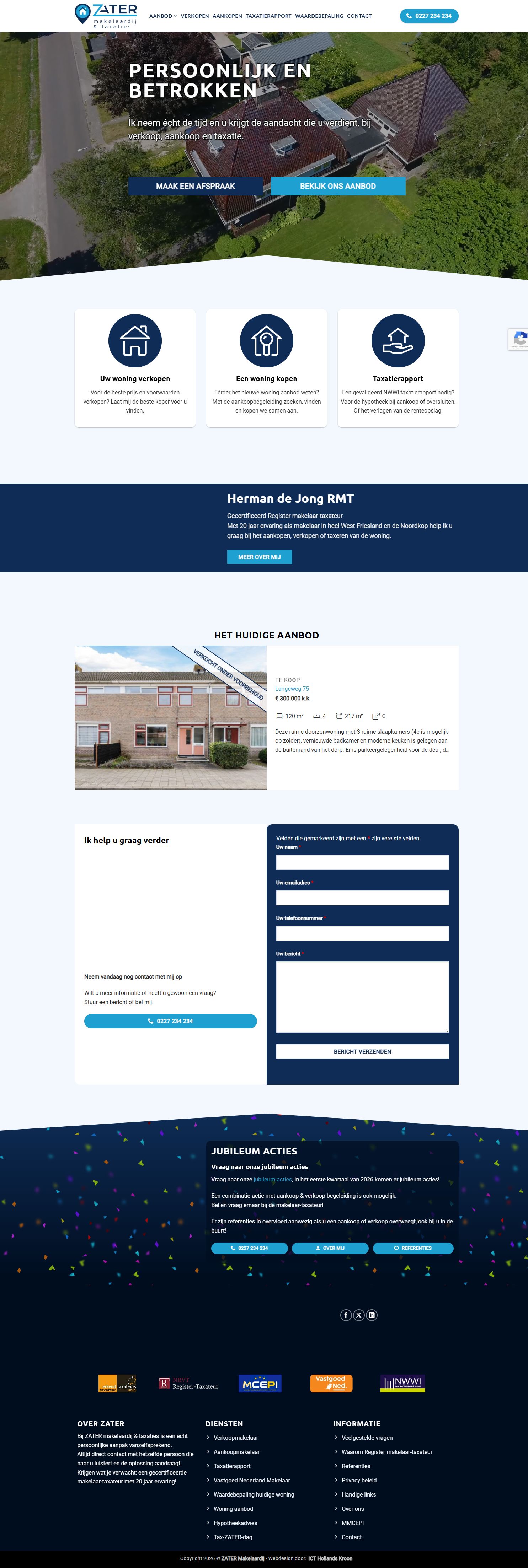 Screenshot van de website van www.zatermakelaardij.nl