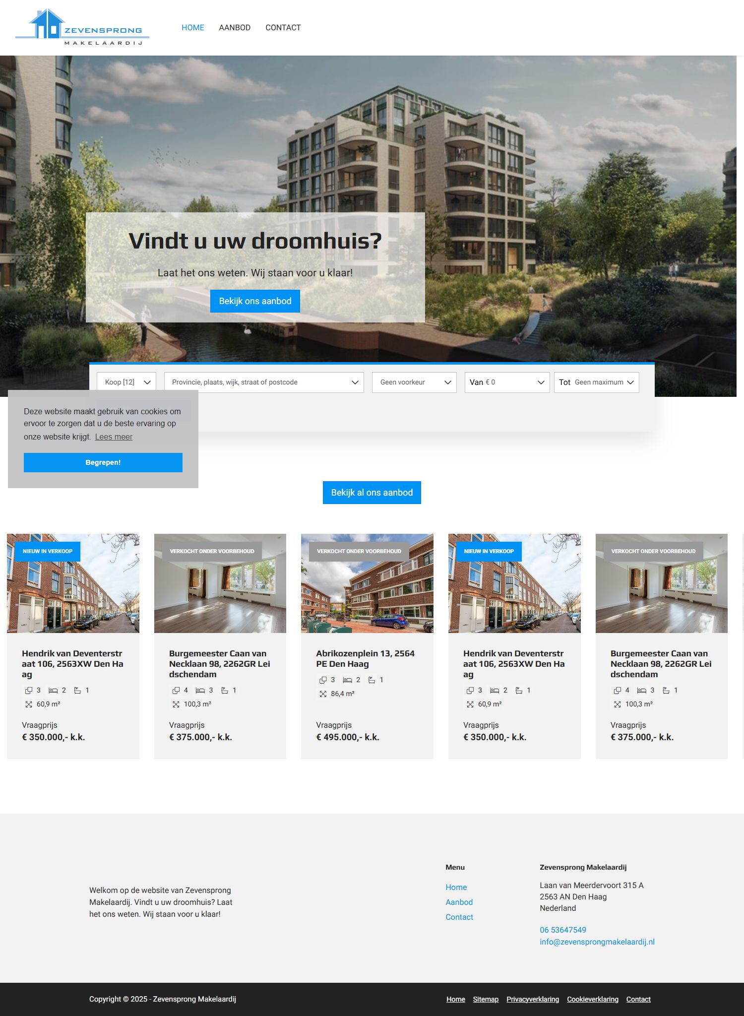 Screenshot van de website van www.zevensprongmakelaardij.nl