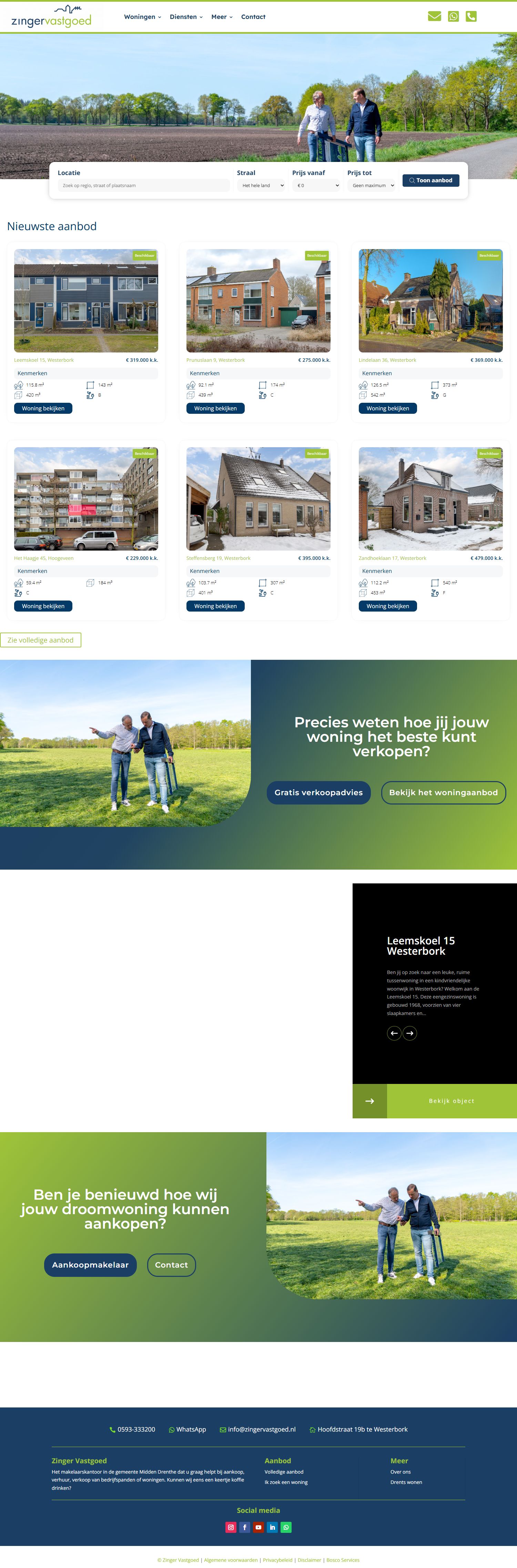Screenshot van de website van www.zingervastgoed.nl