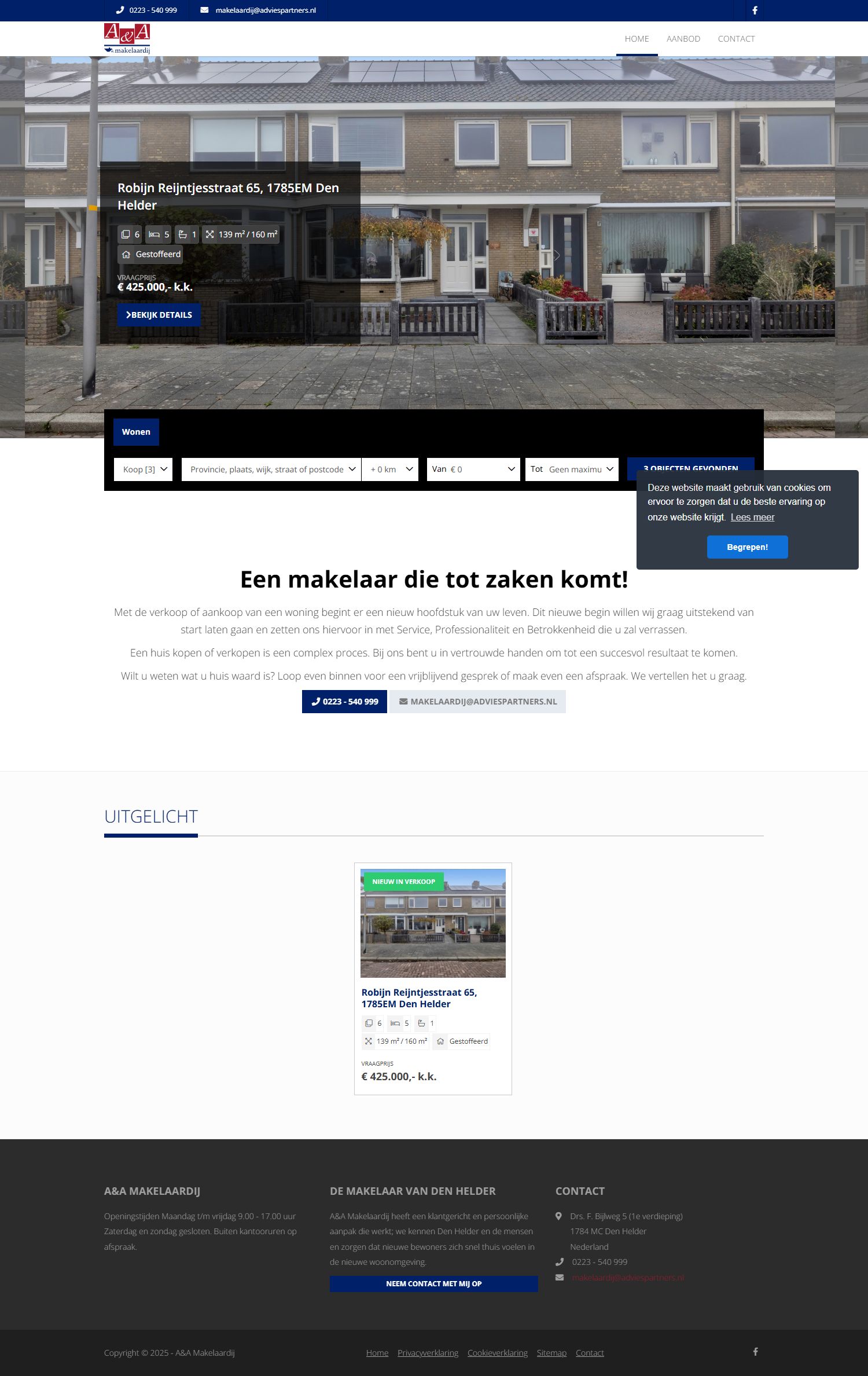 Screenshot van de website van www.aamakelaardij.nl