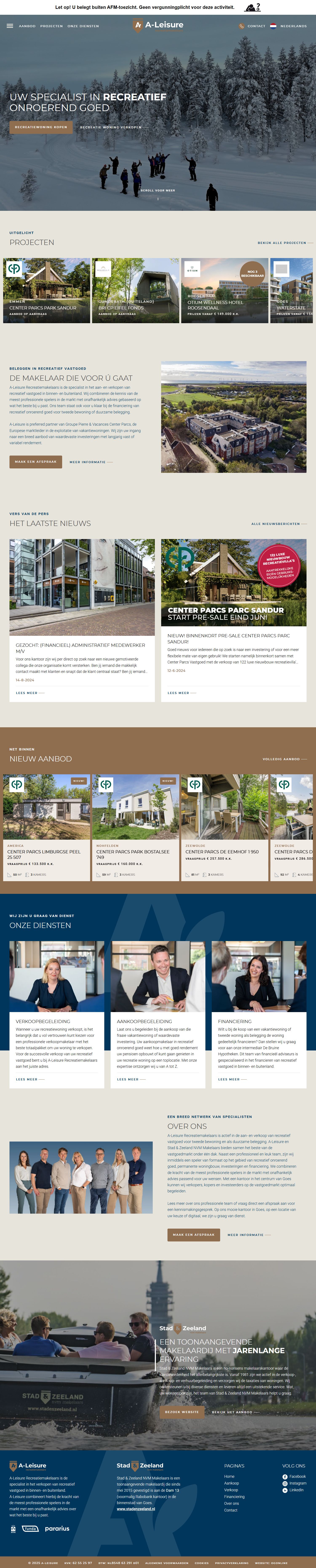 Screenshot van de website van www.aleisure.nl
