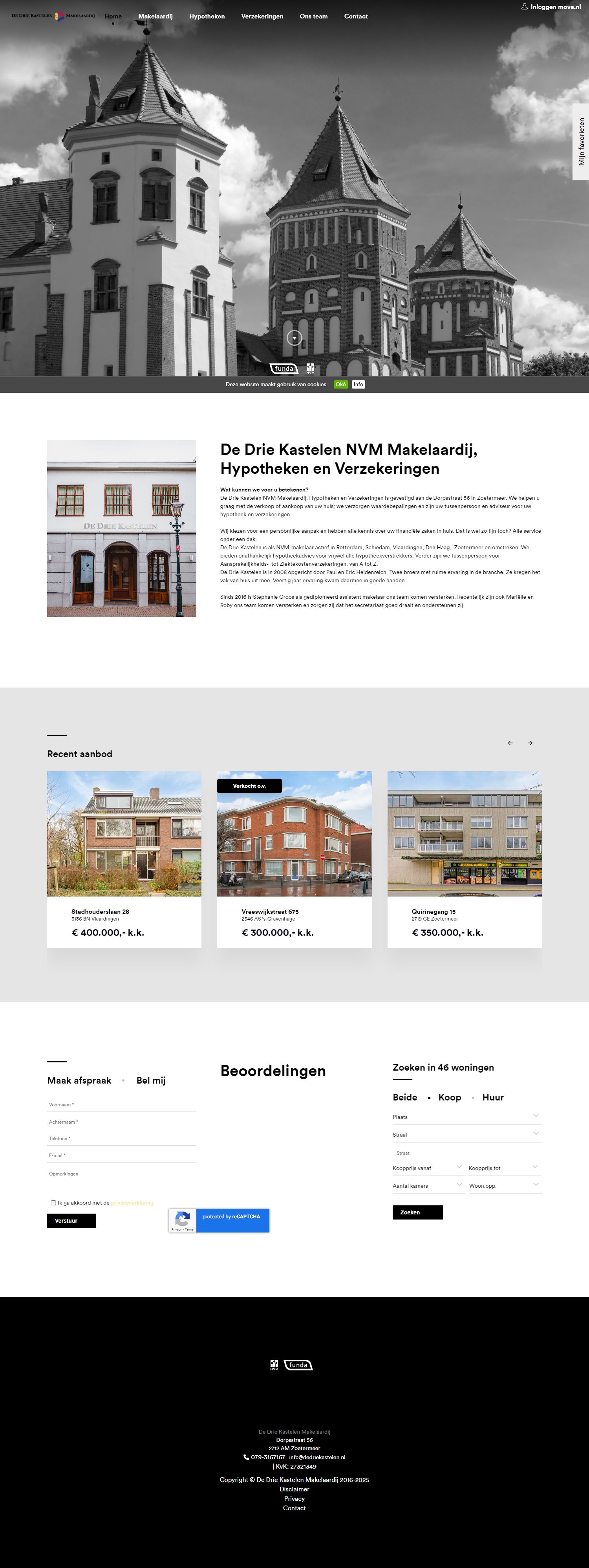 Screenshot van de website van www.dedriekastelen.nl