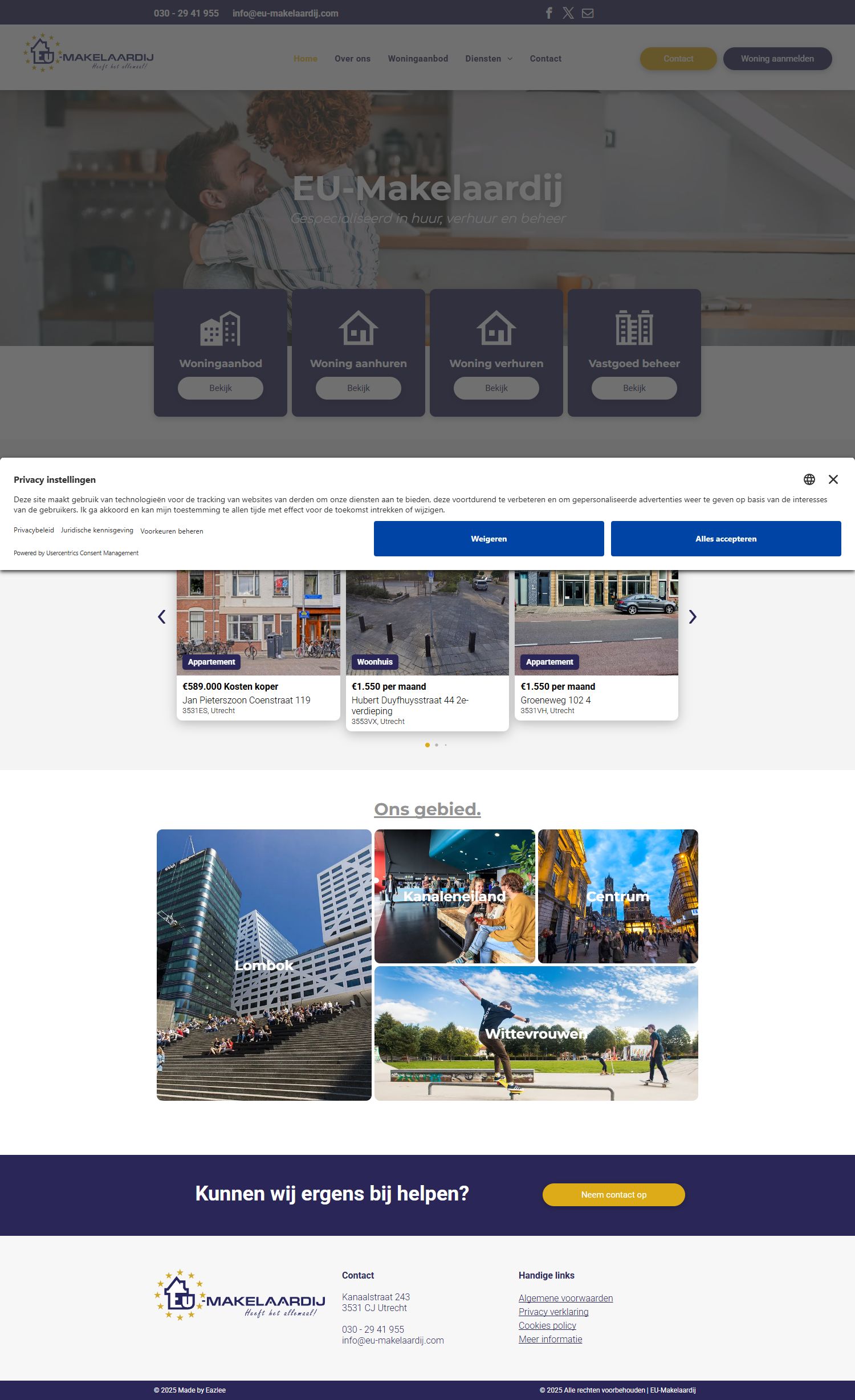 Screenshot van de website van www.eu-makelaardij.com