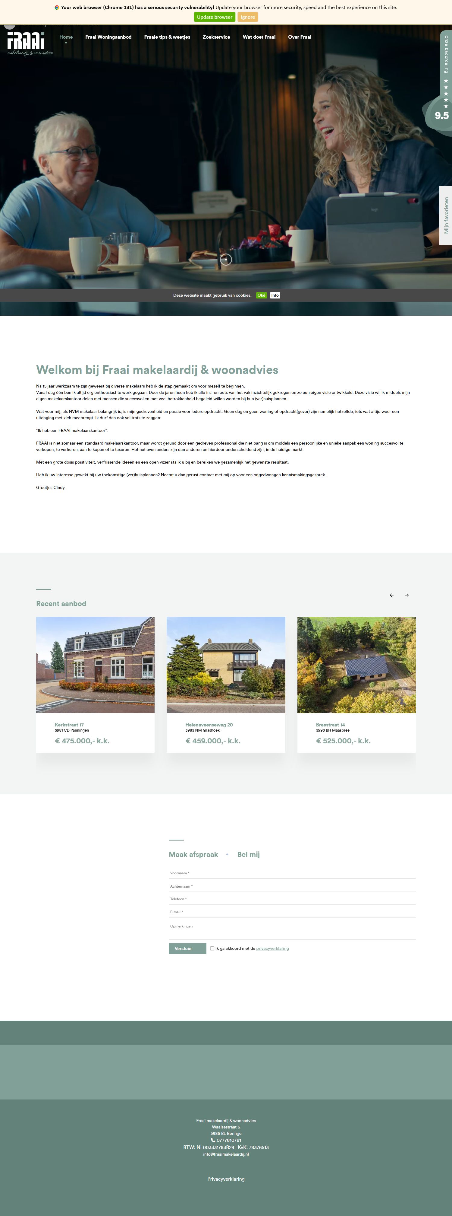 Screenshot van de website van www.fraaimakelaardij.nl