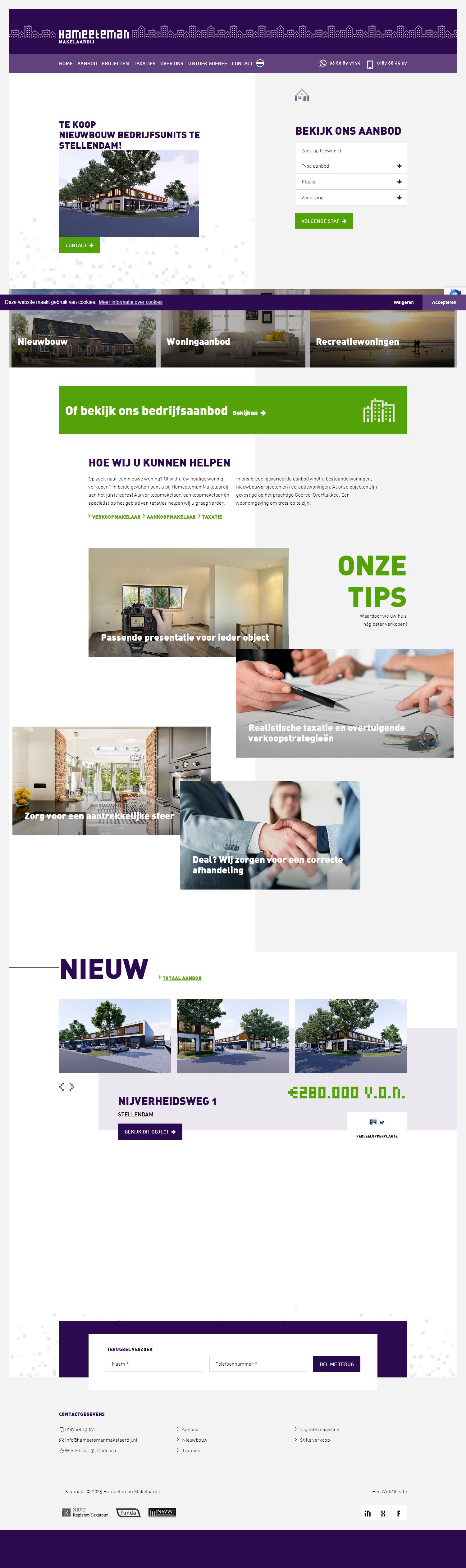 Screenshot van de website van www.hameetemanmakelaardij.nl