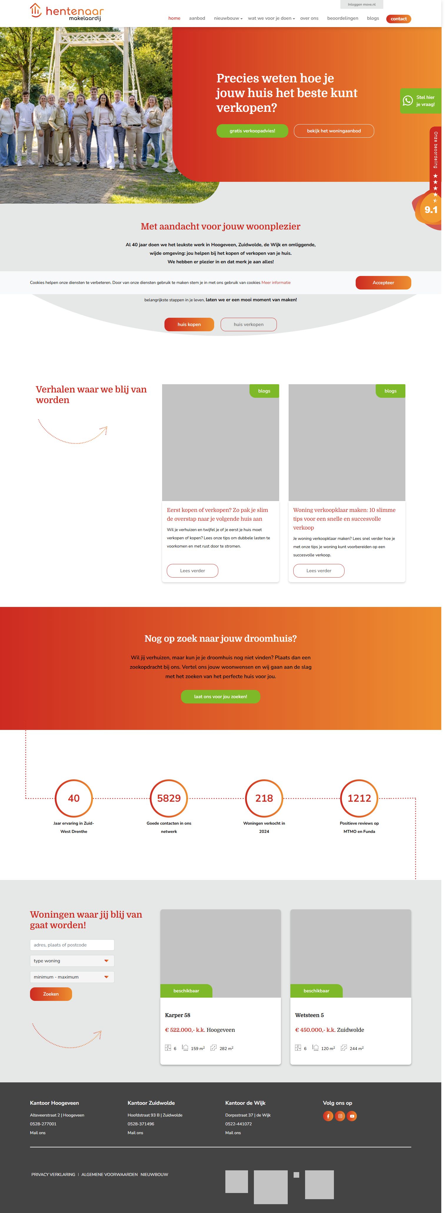 Screenshot van de website van www.hentenaarmakelaardij.nl